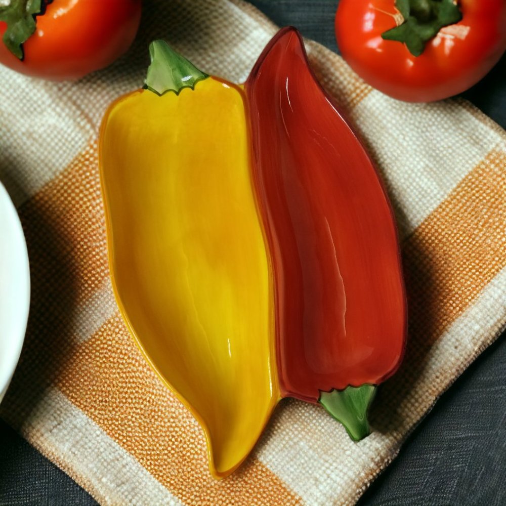 Clay Art Salsa Dip Bowl Red/Yellow Double Chili Pepper Caliente Collection Dish - Picture 3 of 5
